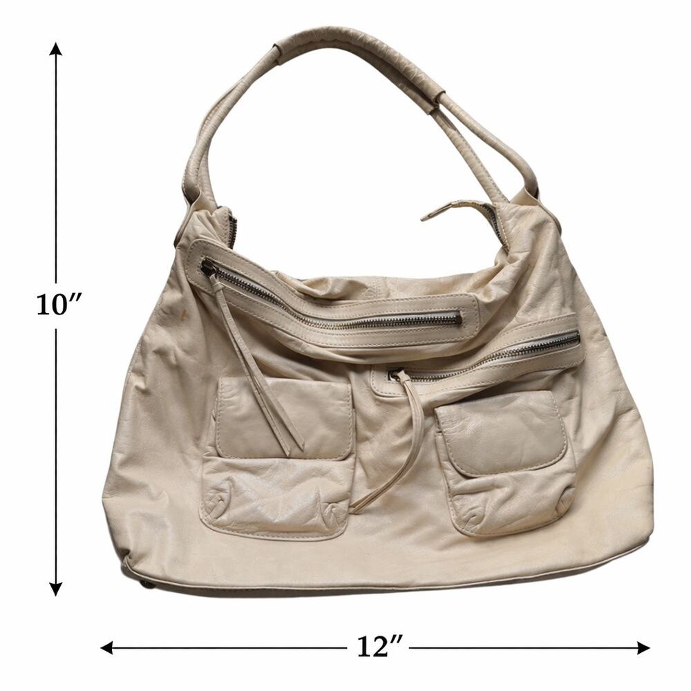 HOBO Leather Slouch Shoulder Bag Ivory Multi Pocket Boho Y2K